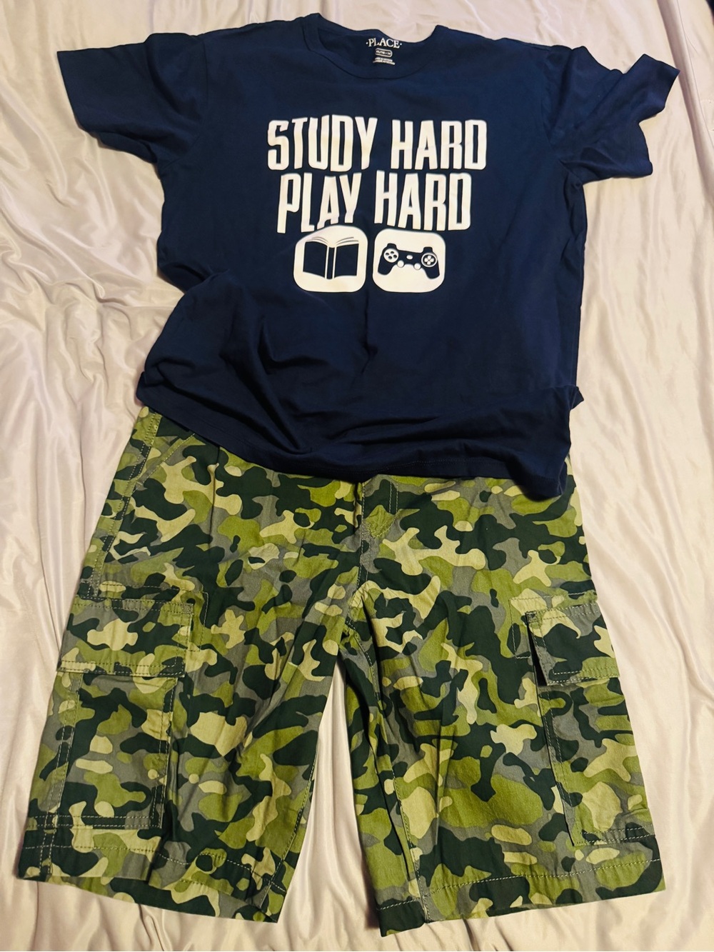 LIKE NEW The Children's Place Navy Top with Green Camo Shorts Matching Set